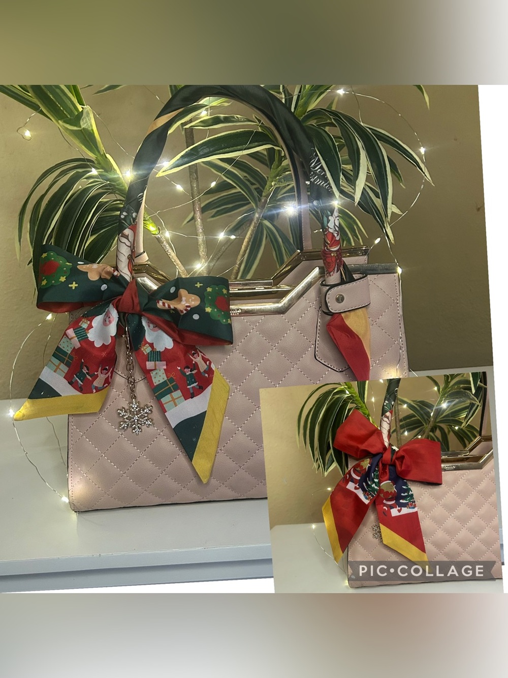 2 in 1 Twilly Women Purse Scarf Santa Christmas Trees Red  Green Yellow